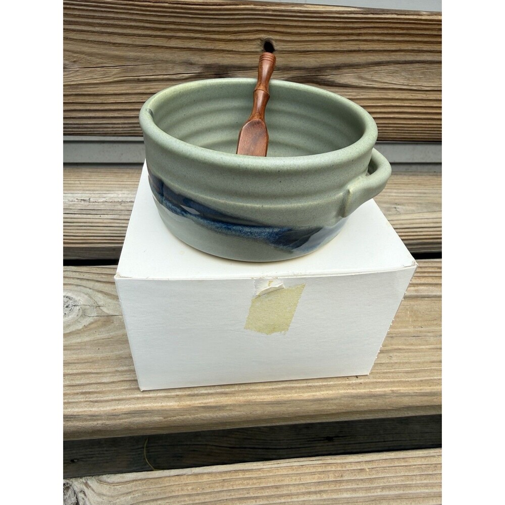 Vintage Signed Hilborn Pottery Pate Dish Wooden Spreader Boxed Canada Green 5"x2